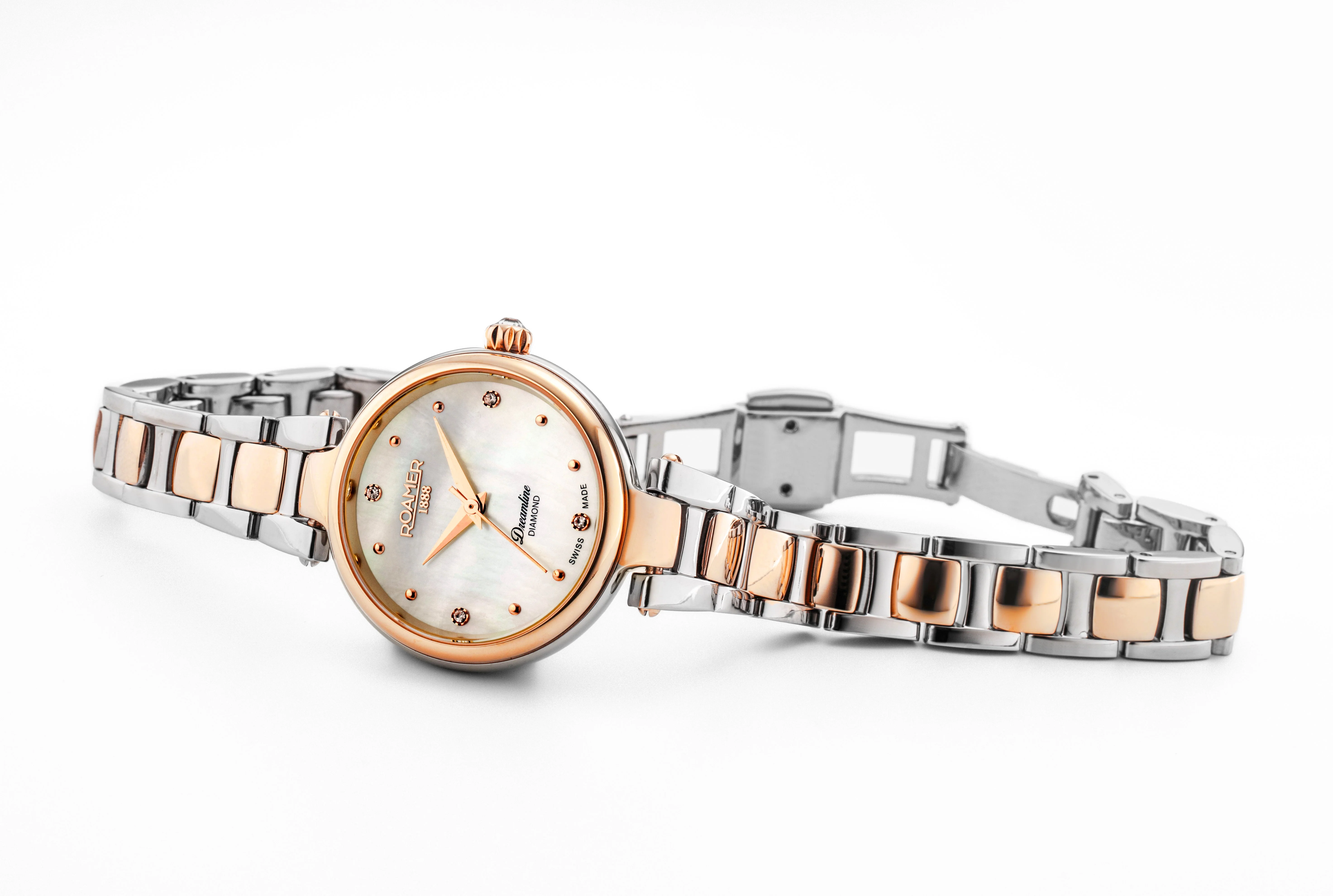 Dreamline Diamonds 28mm Quartz Three-Hand White Mop Dial RoseGold-Silver Tone Bracelet Sapphire glass Stainless Steel swiss watch