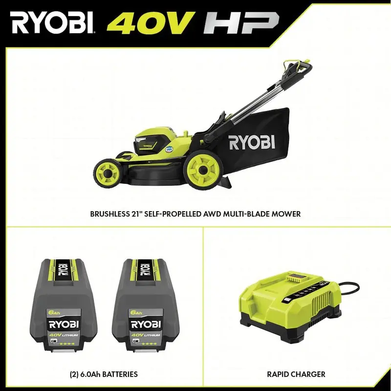 Ryobi 40V HP Brushless 21-Inch All-Wheel Drive Self-Propelled Lawn Mower – Whisper Series with Dual 6.0Ah Batteries & Charger