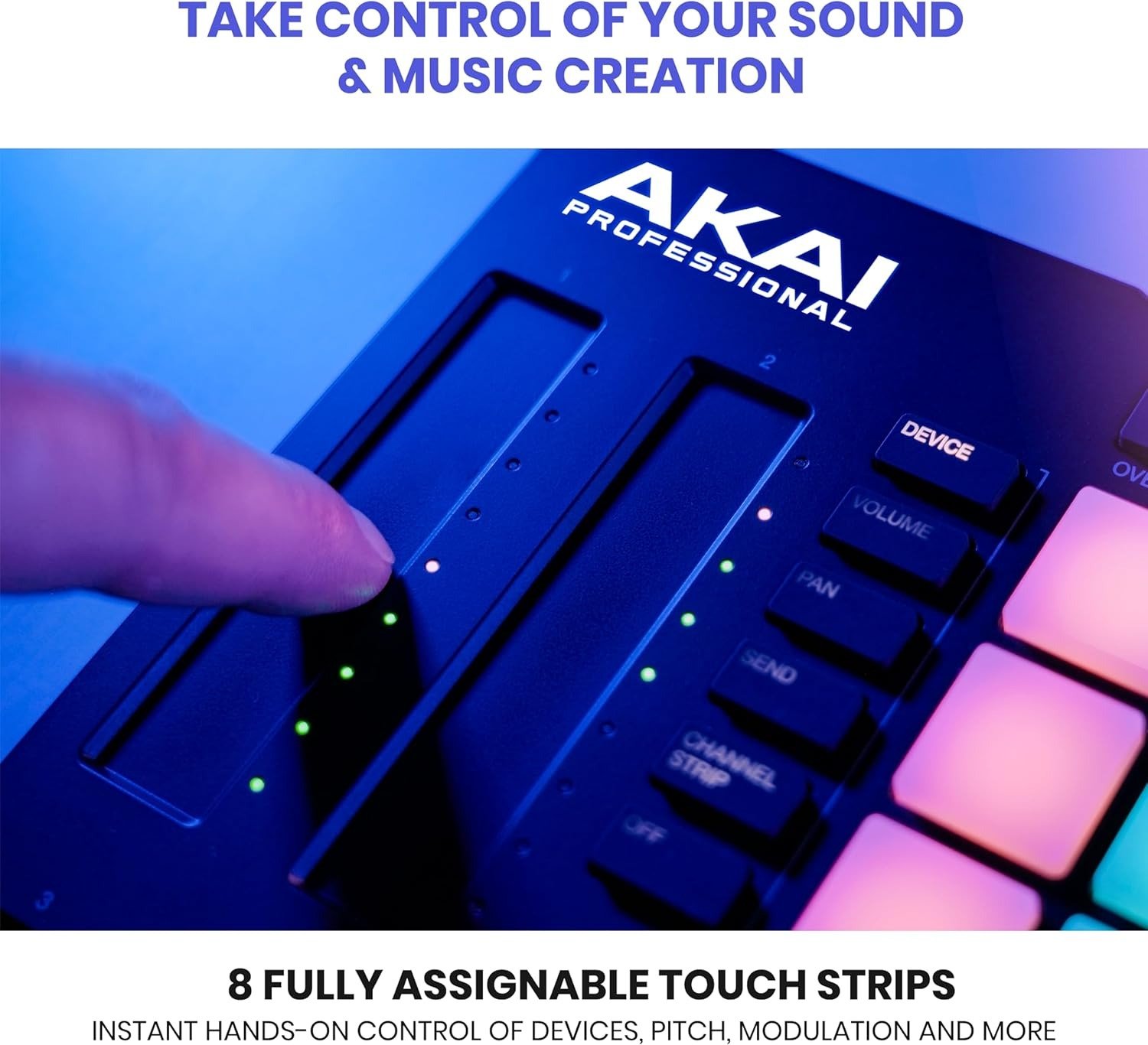 MIDI Controller with 8 Touch Strips, Step Sequencer, 64 RGB Velocity-Sensitive Pads, CV Gates, MIDI In and Out, USB-C