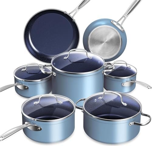 12pcs Blue Ceramic Nonstick Cookware Set, Diamond Infused Scratch-Resistant, PFAS Free, Dishwasher & Oven Safe, Induction Ready & Evenly Heats, Tempered Glass Lids & Stay-Cool Handles