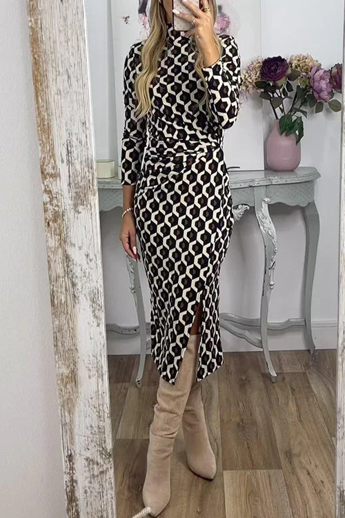 Printed Ruched Mock Neck Midi DressClistos