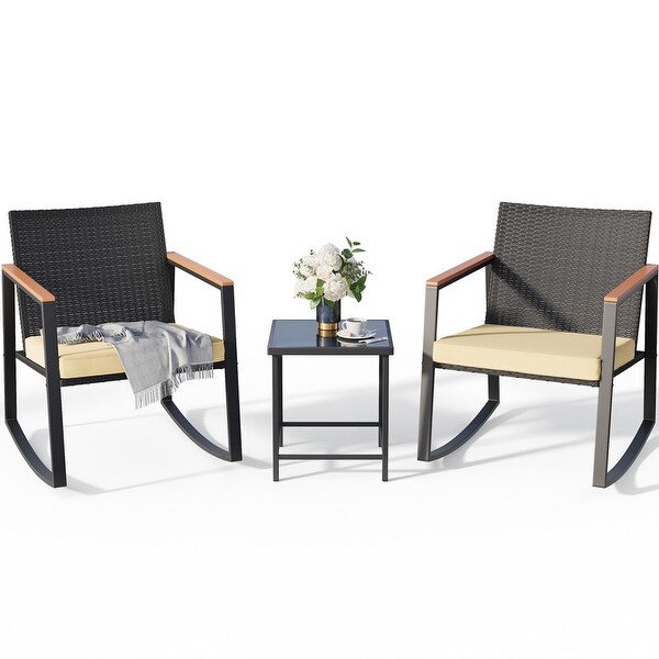 3 Piece Rocking Patio Bistro Set Wicker,Rocking Chair Pub Set with Glass Table