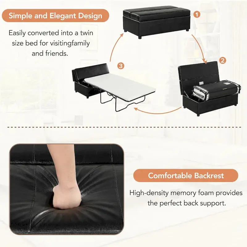 Twin-Fold Ottoman Sleeper Bed with Included Mattress – PU Leather Convertible Guest Sofa