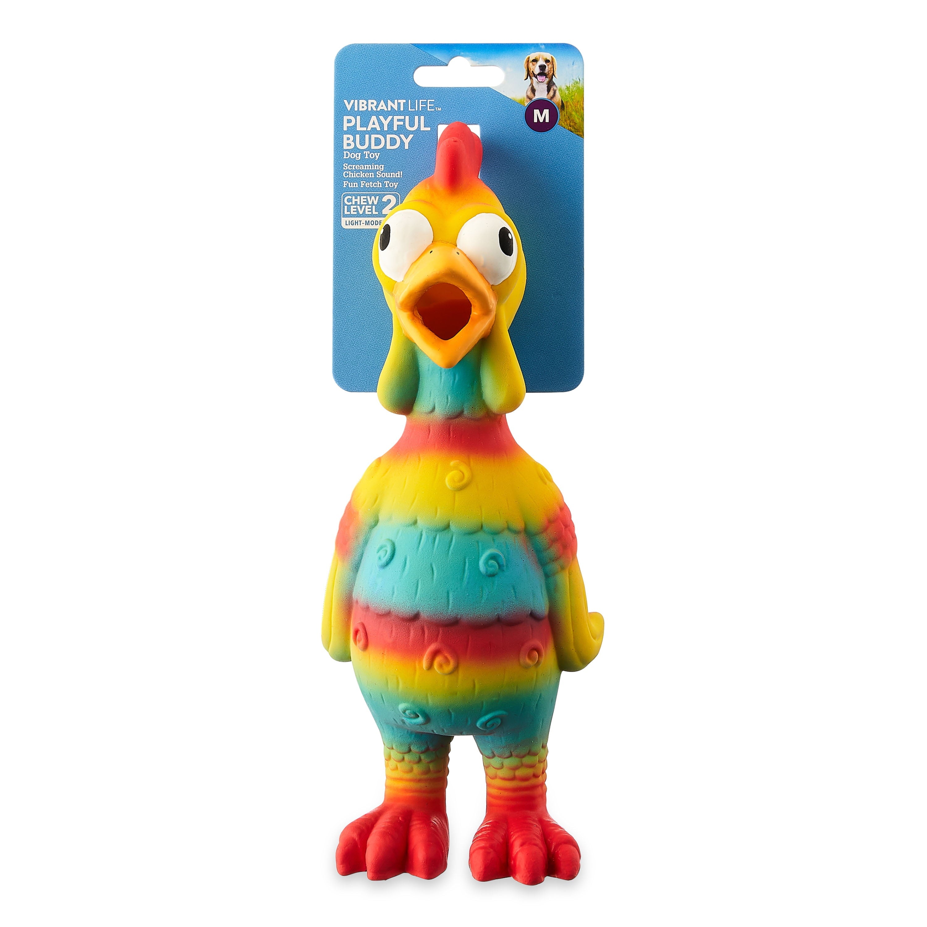 Vibrant Life Playful Buddy Tie Dye Chicken Dog Toy, Chew Level 2, with Squeaker.