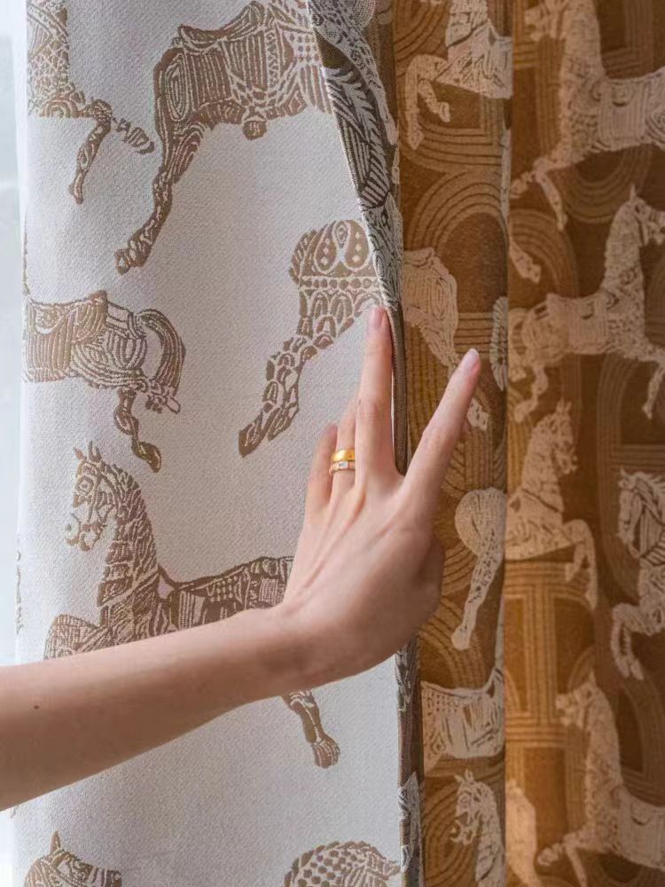 FA003 - Royal Horse Jacquard Embroidery Plant Velvet Weaving Wheat Cream Translucent Floor-to-Ceiling Curtains