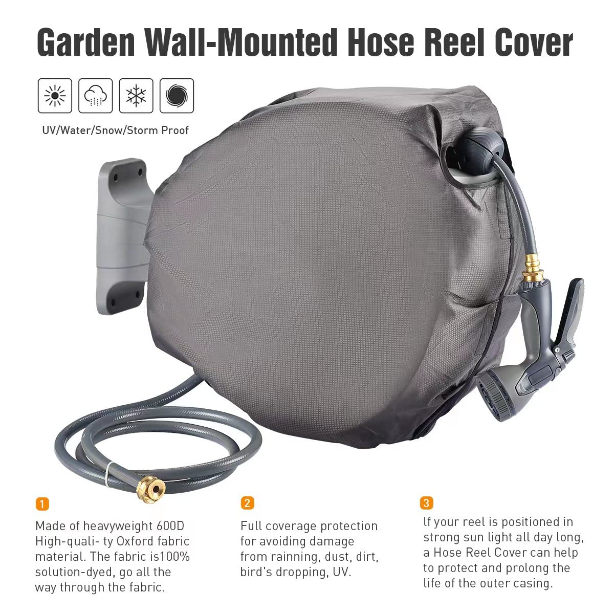 Guitrees Retractable Garden Hose Reel 1/2u201d 115FT+6FT With Cover, Slow Return System, Any Length Lock, Wall Mounted, 9 Function Nozzle and 180u00b0Swivel Bracket (Grey)
