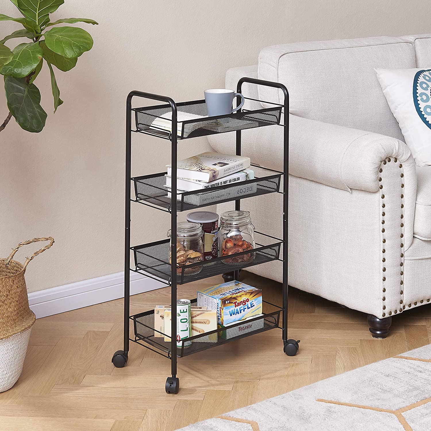 4-Tier Wire Rolling Cart, Space-Saving Removable Storage Cart, Mesh Metal Organization Cart on Wheels, Kitchen Storage Organizer, Standing Shelf Rack Units for Kitchen, Home, Office, Bedroom, K1276