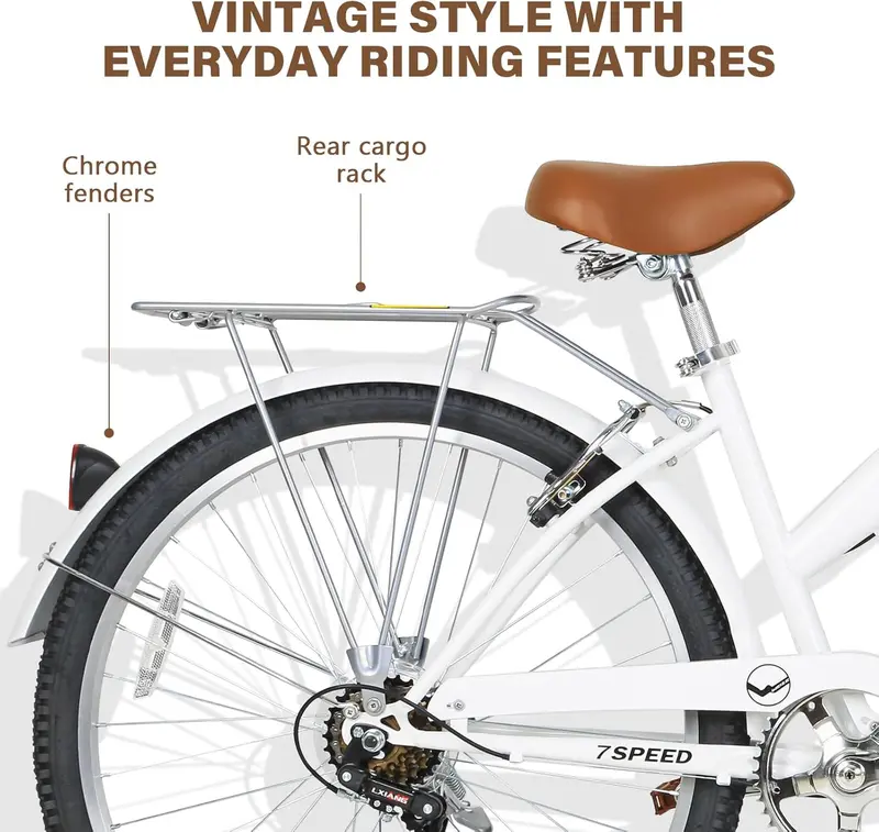 WEIZE 26″ Beach Cruiser Bike – 7-Speed Commuter Bicycle with Fenders, Rear Rack, Ergonomic Upright Posture