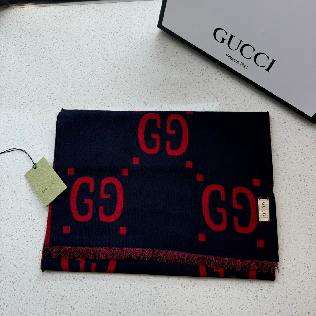 Gucci Cashmere Scarf Pattern Red Blue For Women 190cm