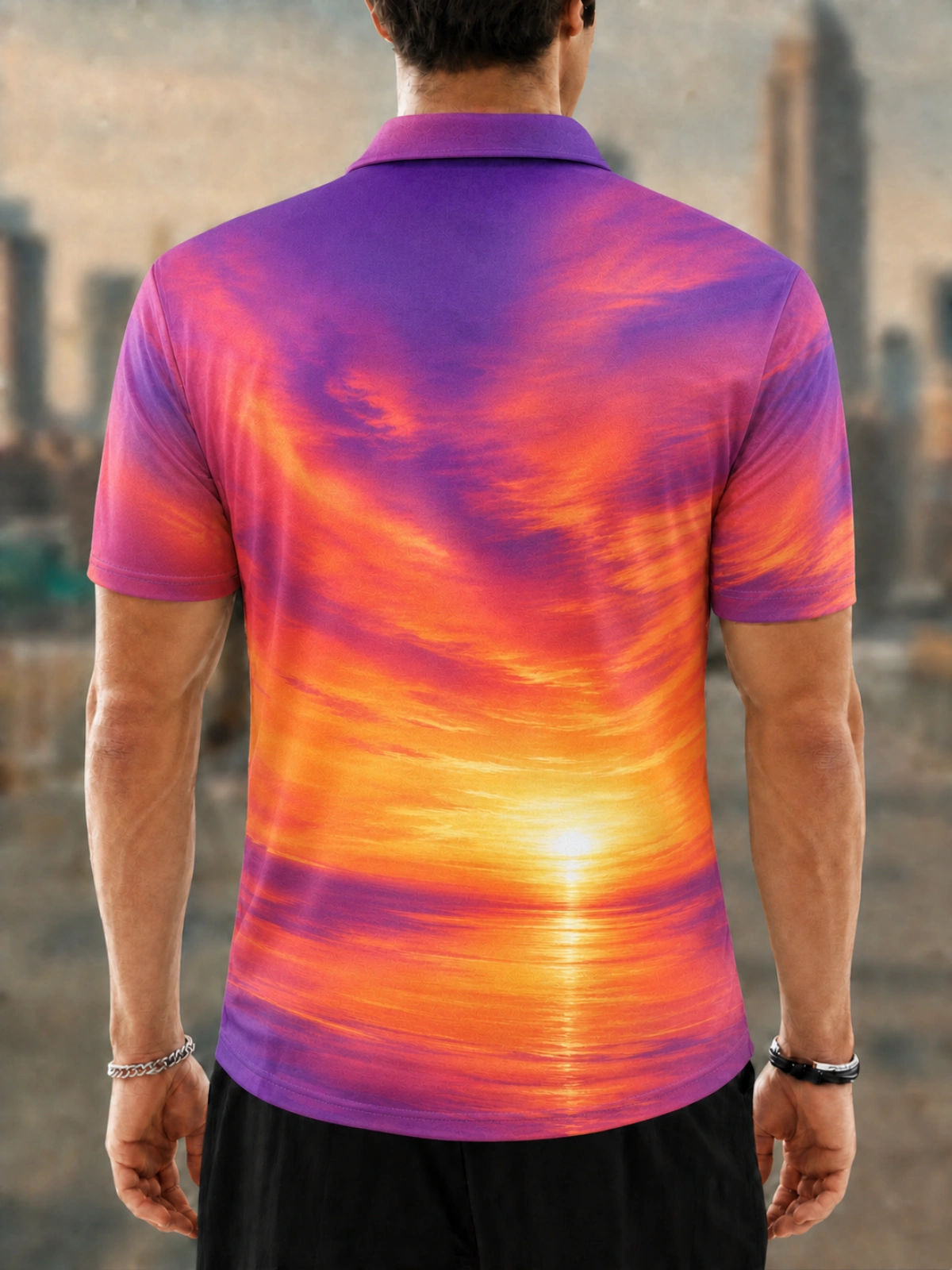 Moisture Wicking Golf Polo 3D Purple Orange Sunset Sea Reflection Button Short Sleeve Golf Polo Shirt