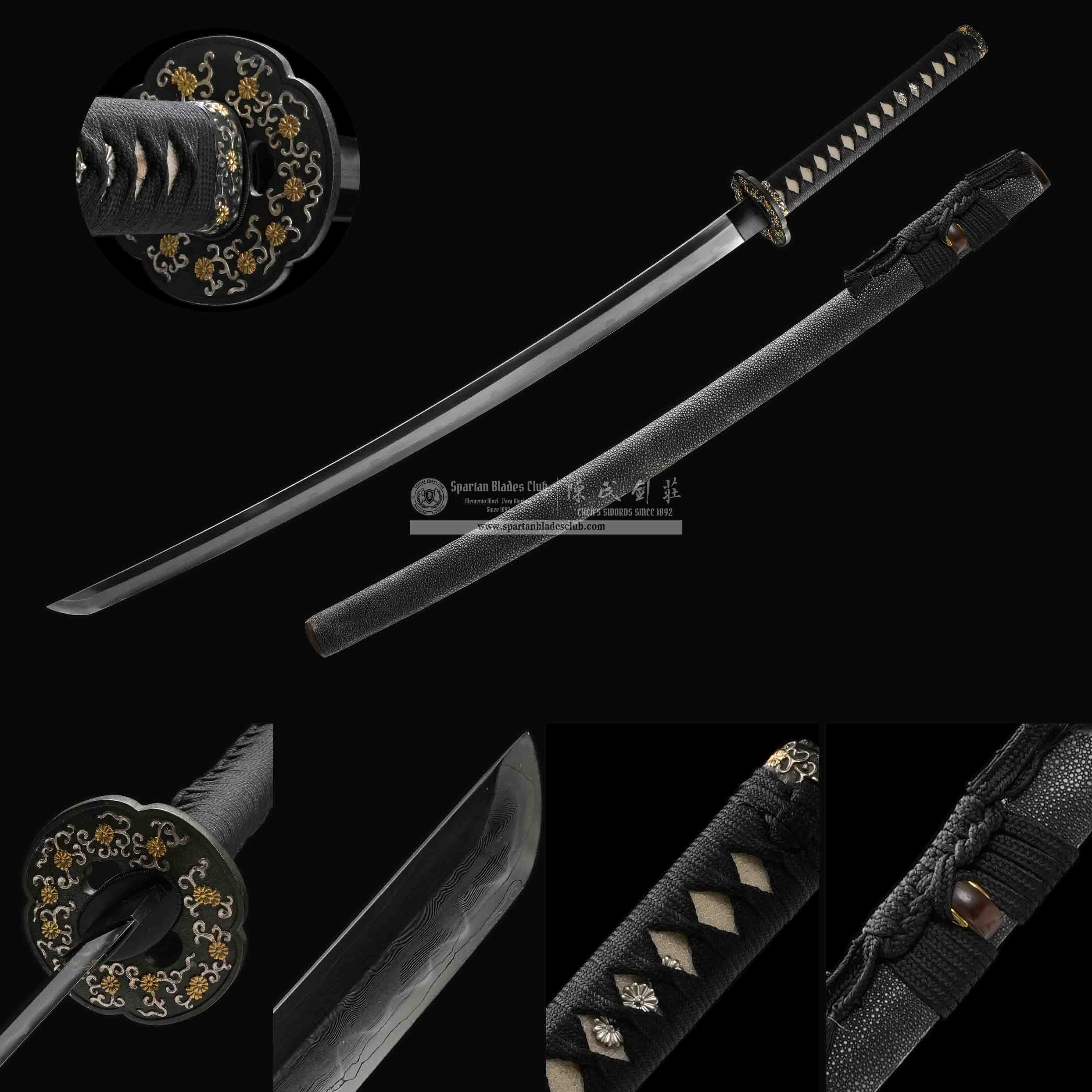HY160 | Kinkin Kaibu | Katana | Honsanmai structure blade | T10 steel | Damascus steel | Clay-tempered | Real Hamon | Black&White | Flower | Ray-skin | Battle-Ready | Full-tang | Spartan Blades Club | CHEN'S SWORDS 1892 - Spartan Blades Club - 陳氏劍莊1892