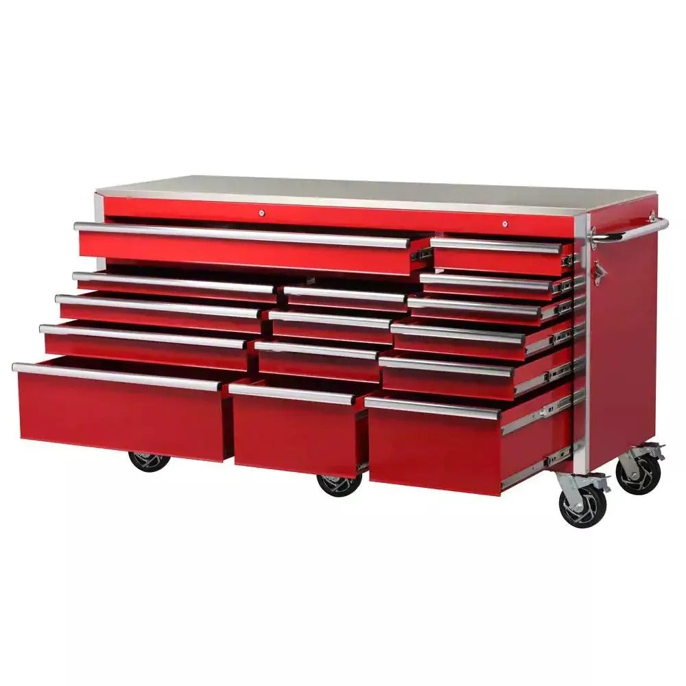 2026 Heavy-Duty 72 in. W x 24 in. D 15-Drawer Tool Chest Mobile Workbench with Stainless Steel Top and Dual Locks in Red