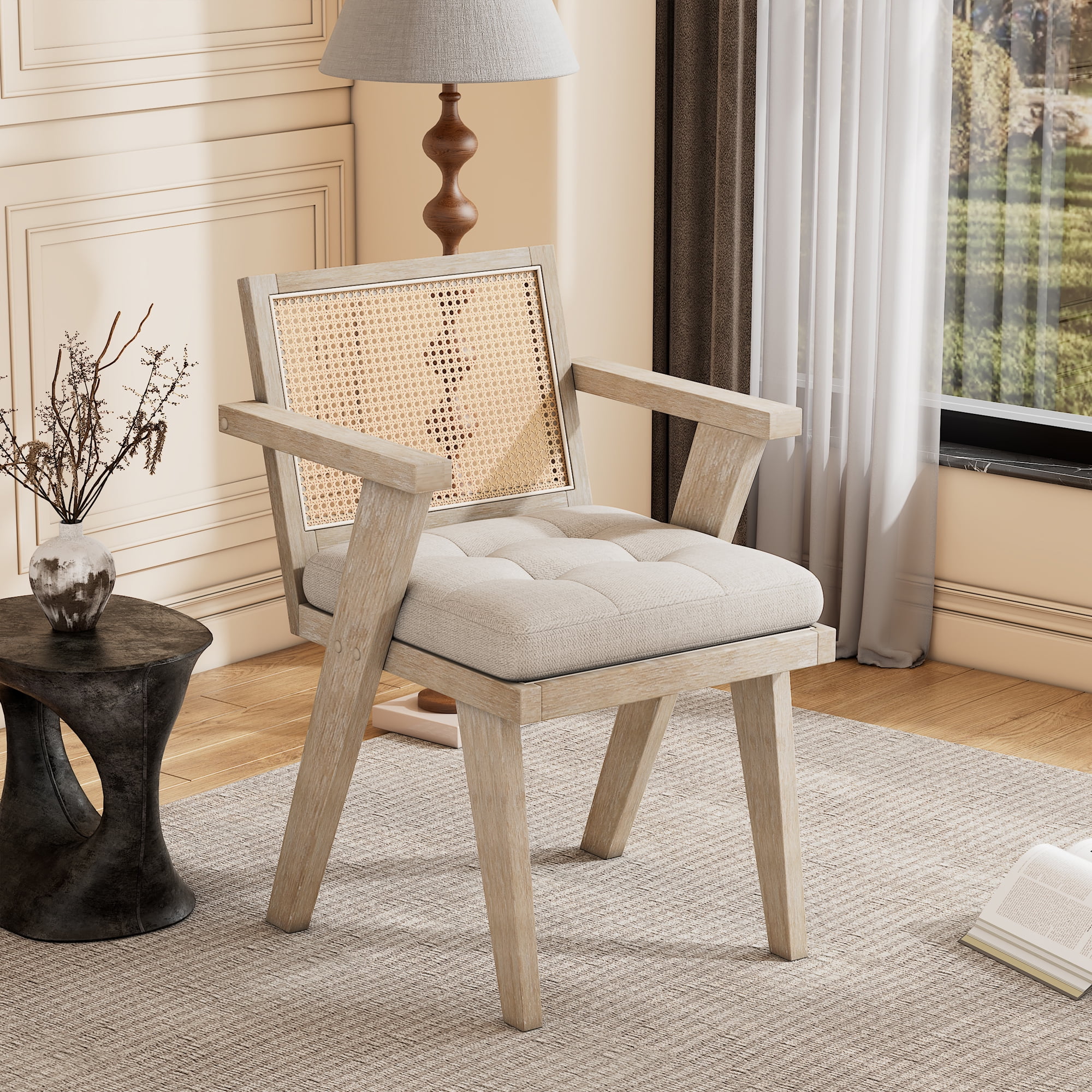 Handcrafted Rattan Backrest Mid-Century Accent Chair - Padded Seat - Ideal Living Room, Bedroom, Entryway - Natural