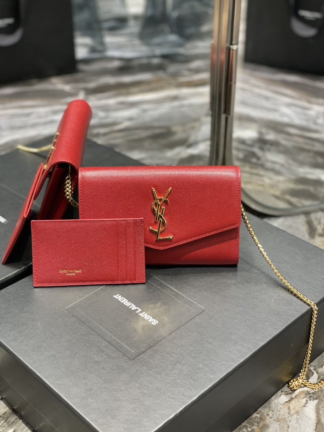 Saint Laurent Uptown Chain Wallet In Grain De Poudre Embossed Leather Red 19Cm