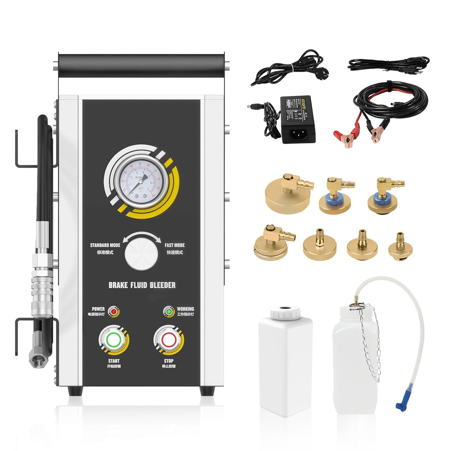Automotive Brake Bleeder Kit, 100V-240V Electric Brake Bleeding Device, 0~3Bar Brake Fluid Oil Exchanger with 7PCS Master Cylinder Adapter, Pressure Gauge & Portable Carrying Handle