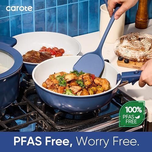 27pcs Ceramic Cookware Set Nonstick, Pots and Pans Set Non Stick, Non Toxic Cookware Detachable Handles, Dishwasher/Oven Safe, RV/Camping Cookware, Pan and Pot with Kitchen Utensils, Navy Blue