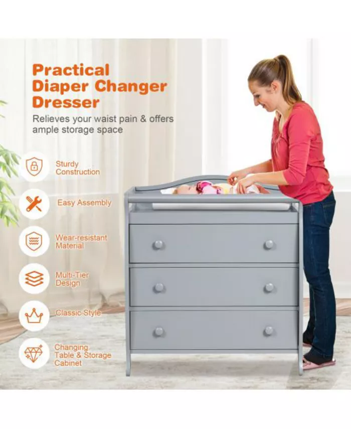 Slickblue 3-Drawer Dresser Changing Table with Safety Belt Guardrails-Grey