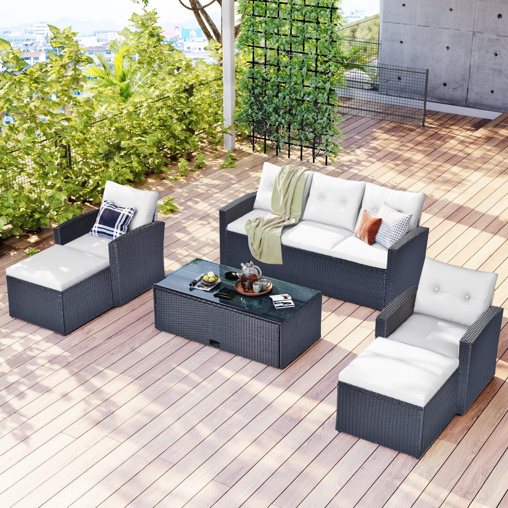 Supfirm 6-piece All-Weather Wicker PE rattan Patio Outdoor Dining Conversation Sectional Set with coffee table, wicker sofas, ottomans, removable cushions (Black wicker, Beige cushion)