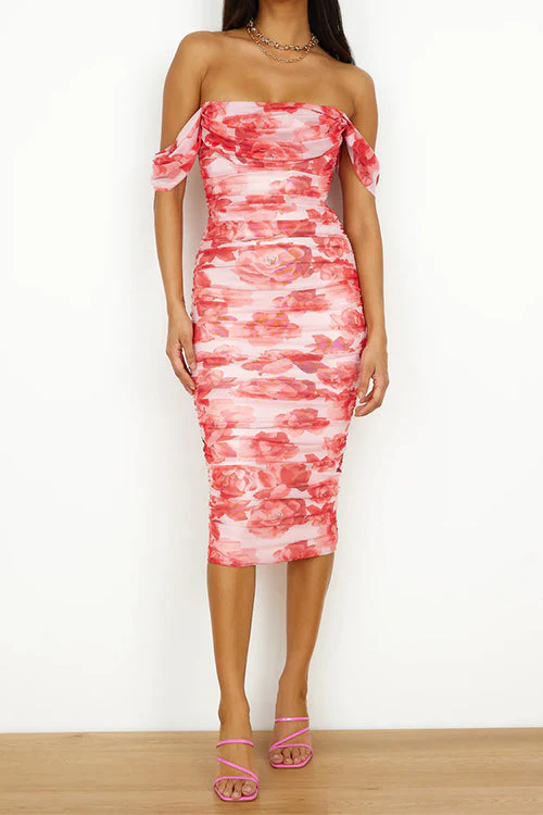 Off Shoulder Ruched Midi Bodycon DressClistos