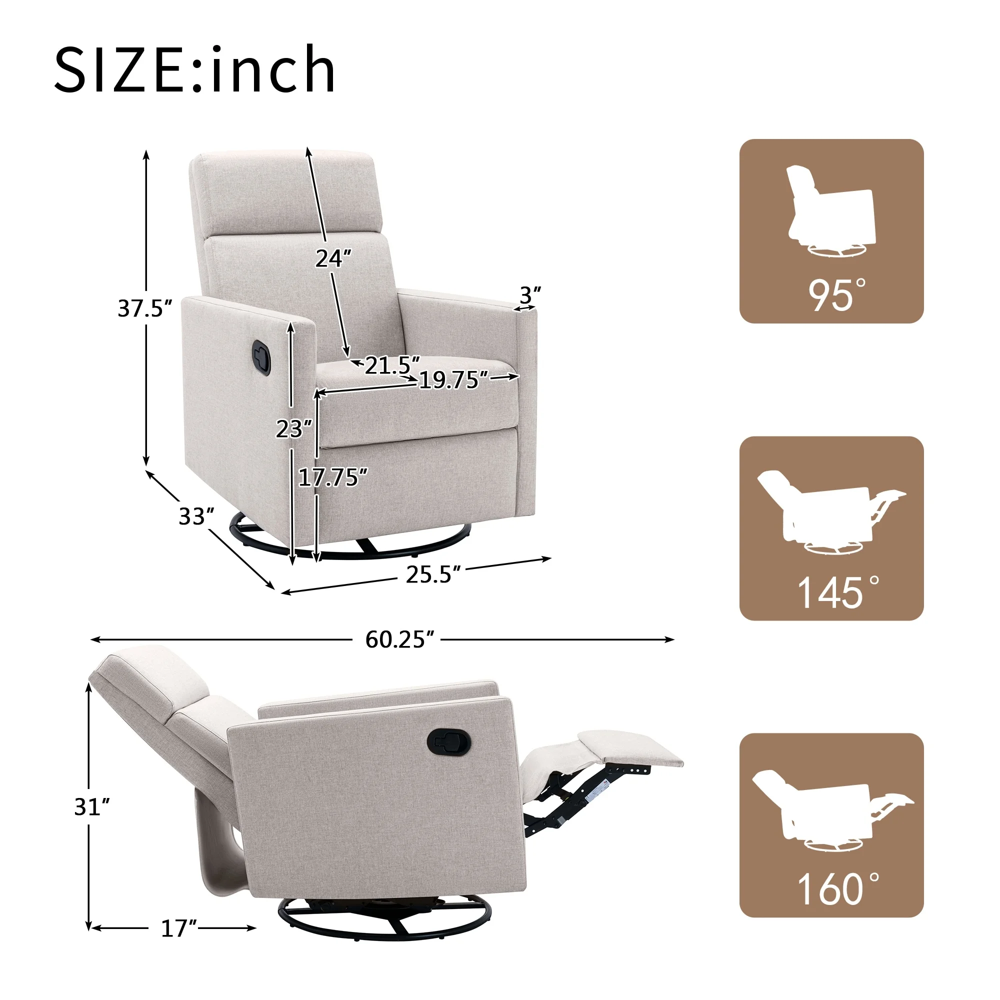 Upholstered Plush Seating 360 Glider Swivel Base Recliner Chair, Power Recliner w/ Silent Built, Glider Chair for Nursery Tan