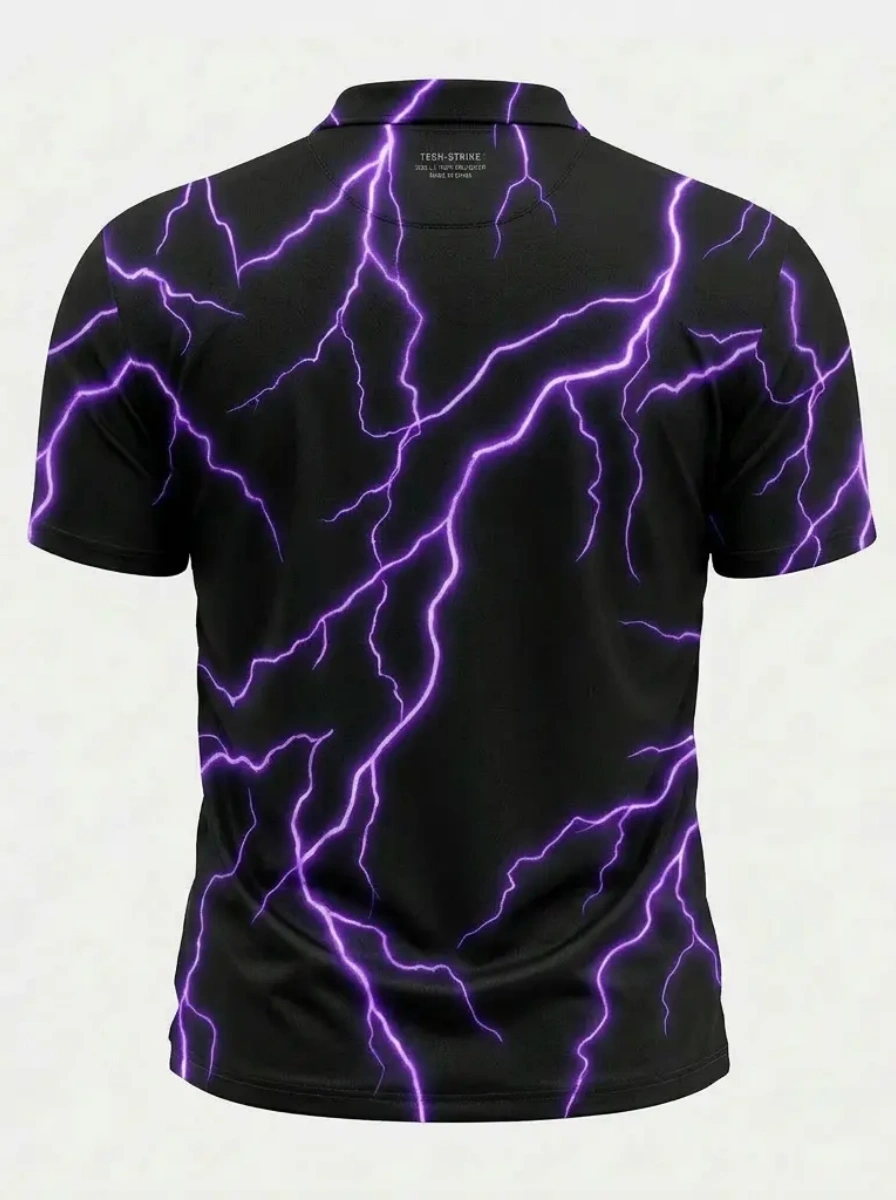 Moisture Wicking Golf Polo 3D Black Purple Lightning Print Button Short Sleeve Golf Polo Shirt