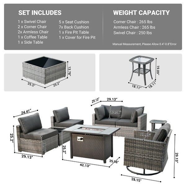 HOOOWOOO 8piece Rattan Wicker Patio Furniture Set with Fire Pit