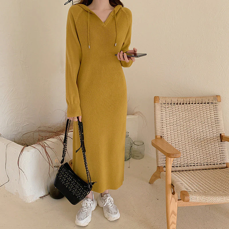 Hooded Knit Maxi Dress with DrawstringClistos