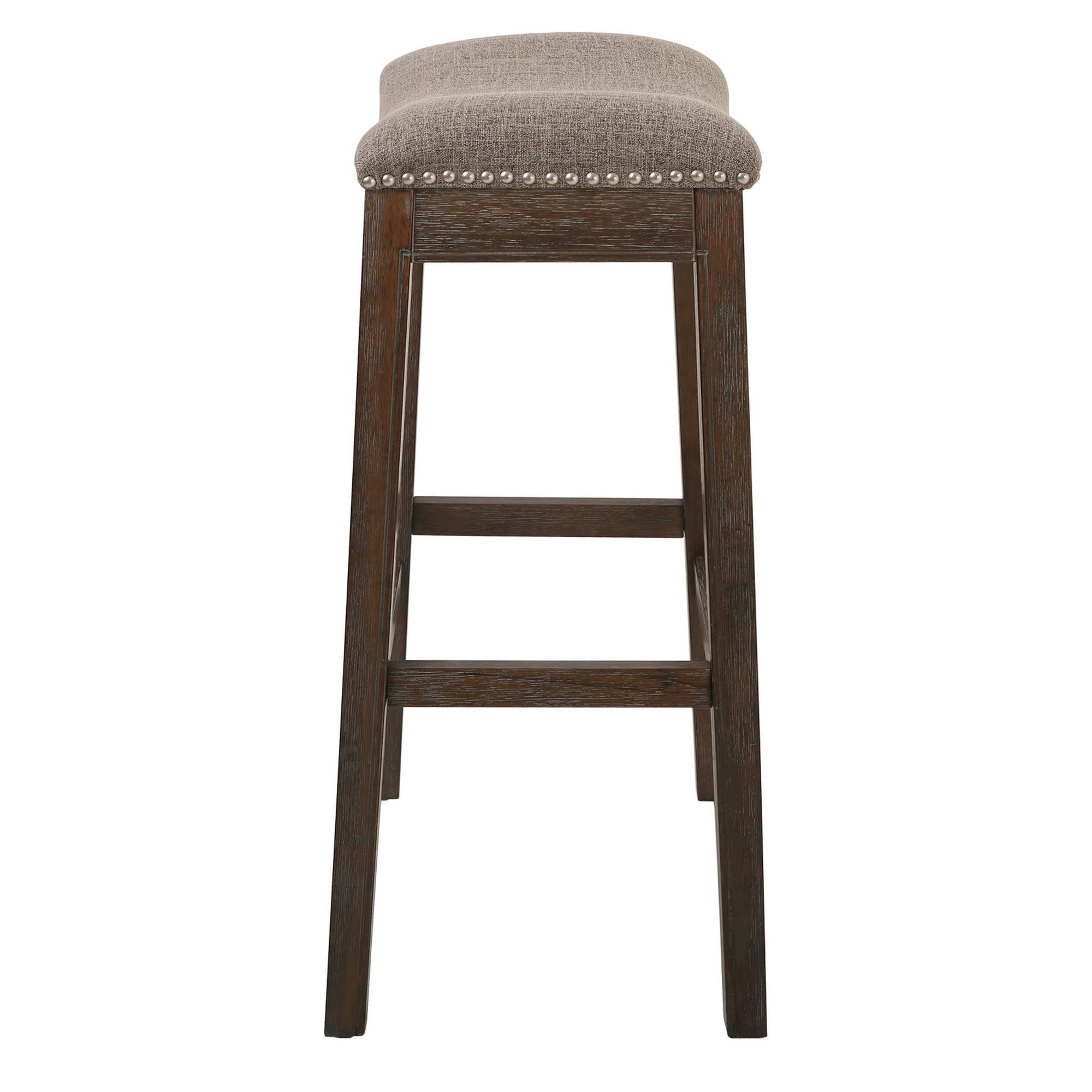 Bar Height Saddle Style Counter Stool with Taupe Fabric and Nail Head Trim
