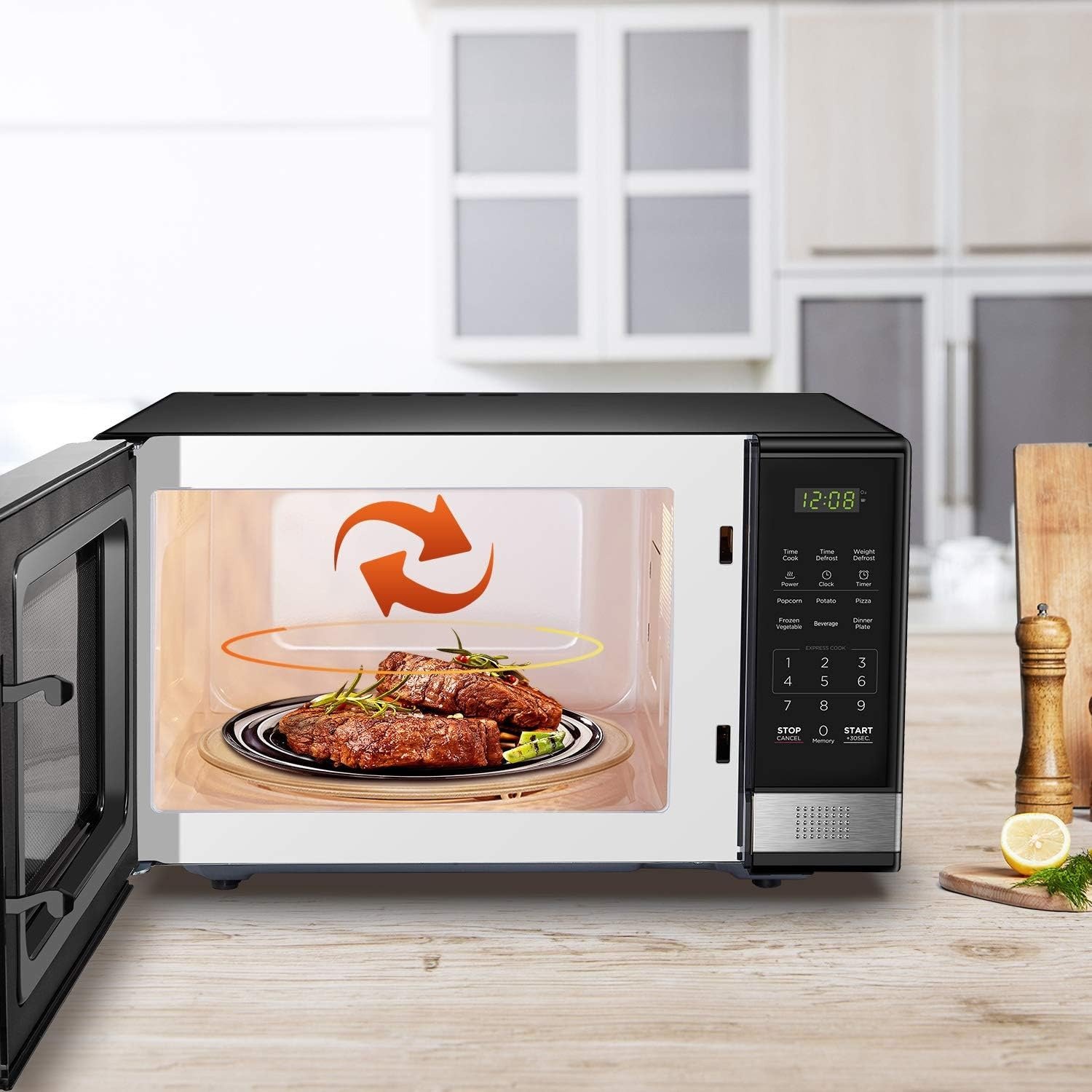 Digital Microwave Oven with Turntable Push-Button Door, Child Safety Lock, 1000W, 1.1cu.ft, Black & Stainless Steel, 1.1 Cu.ft
