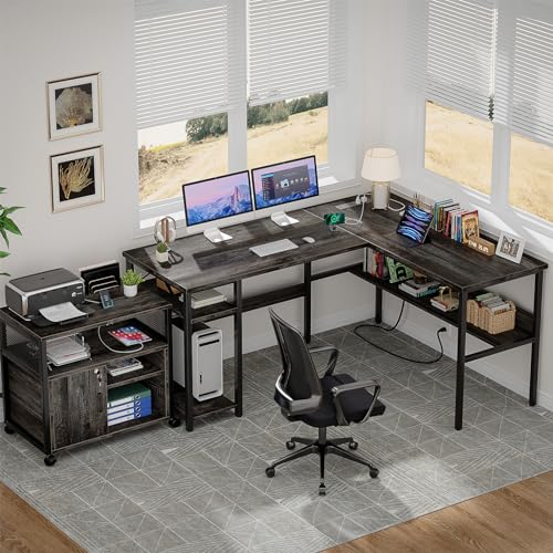 Unikito L Shaped Desk with LED Light and Power Outlet, Reversible Corner Computer Table with Monitor Stand and Storage Shelf, Modern L- Shaped Gaming Desk, Ergonomic Home Office Desk, Rustic Brown