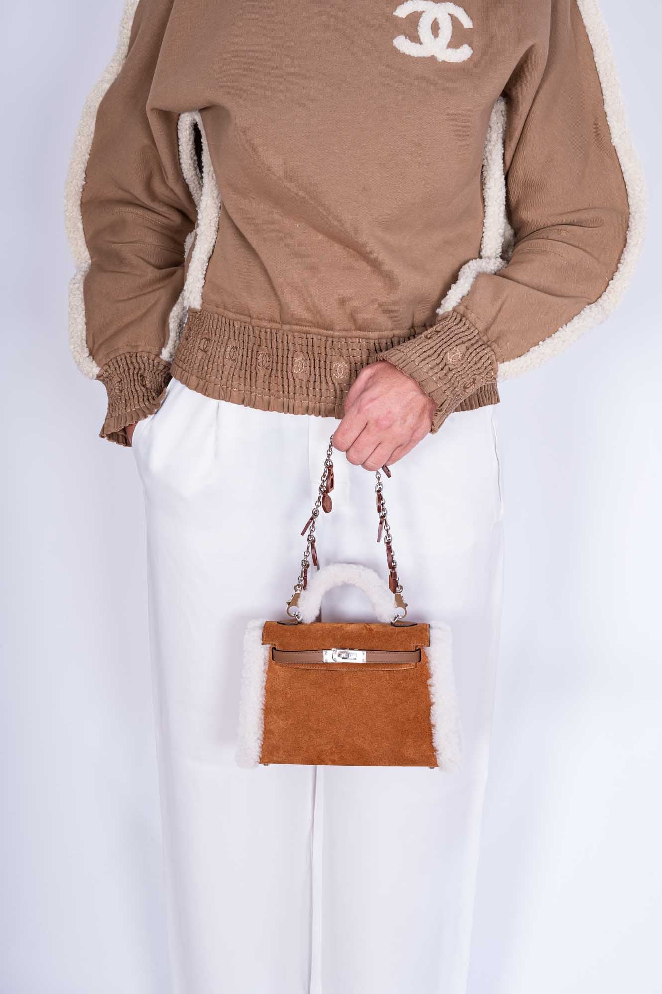 Hermès Teddy Mini Kelly 20 Chamois Grizzly, Alezan Swift and Ecru Mouton Shearling Palladium Hardware