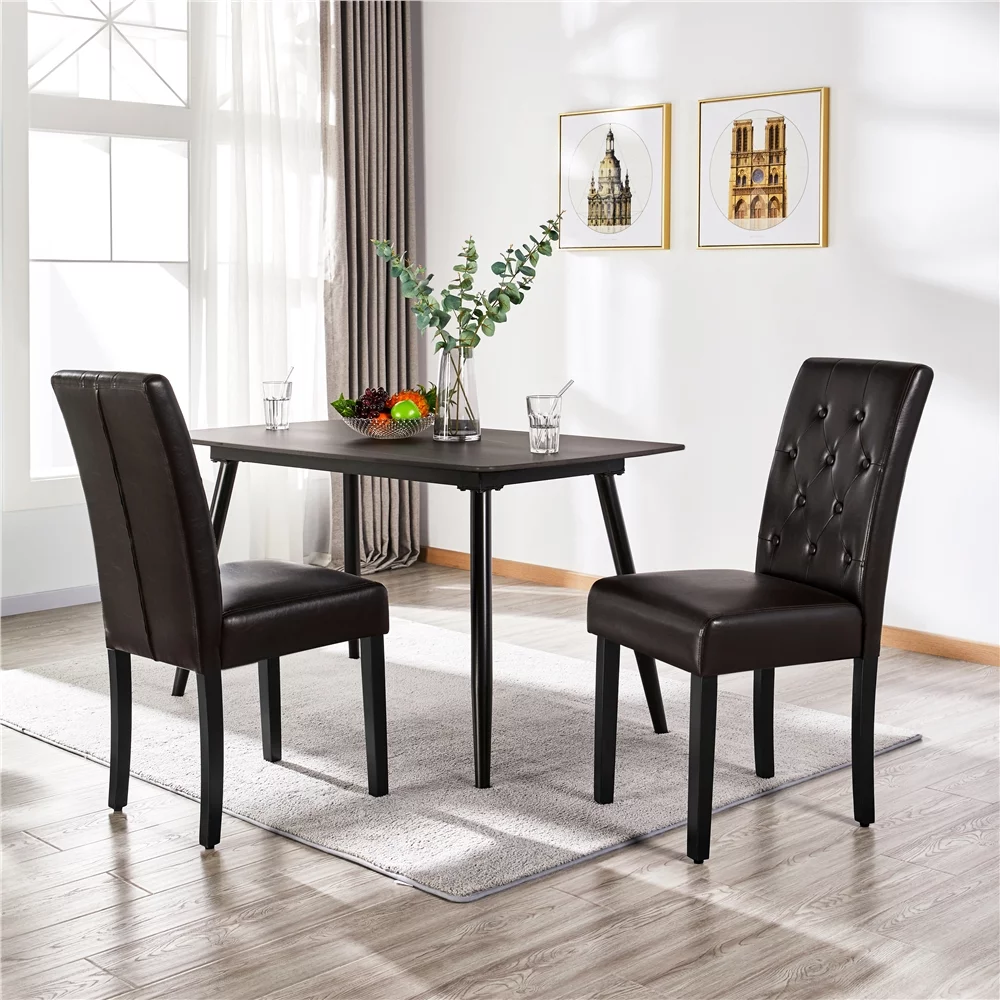Topeakmart 2pcs Tufted Padded Faux Leather Dining Chair Kitchen Chair with Solid Wood Legs, Brown