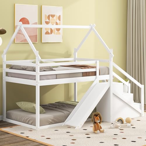 Twin Over Twin Wood House Bunk Bed with Slide and Storage Staircase, Twin Size House Loft Bed Frame with Roof and Safety Guardrails for Boys and Girls, Natural