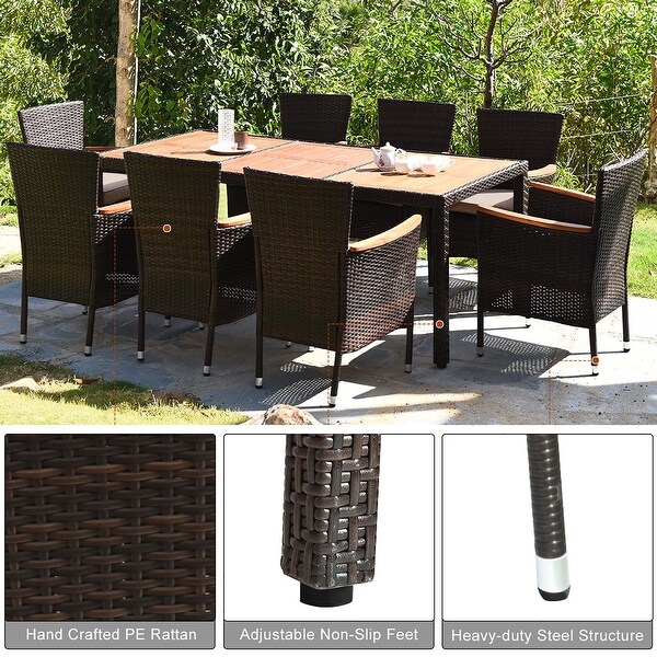 9PCS Patio Rattan Dining Set 8 Chairs Cushioned Acacia Table Top