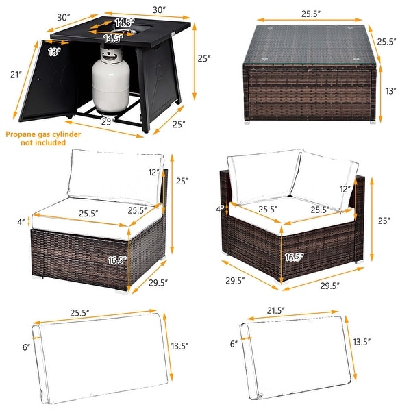 7PCS Patio Conversation Set Furniture Set w /50,000 BTU Fire Pit Table