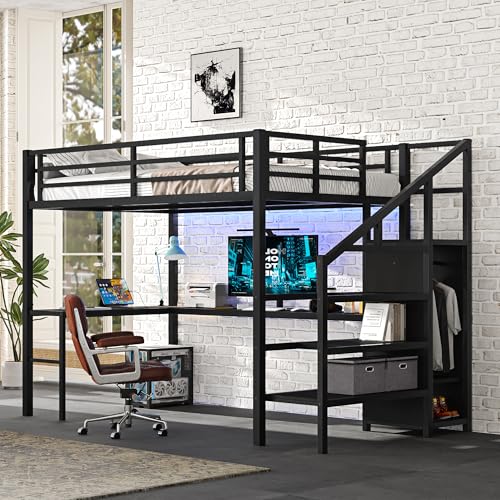 Full Loft Bed with Desk - Metal Gaming Bed with L-shaped Desk, USB, Wardrobe & Adjustable Shelf, High Loft Bed with Safety Guardrails & Stairs, Space Saving for Bedroom Guest Room Dormitory, Black