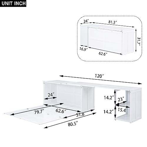 Merax Queen Size Murphy Bed with Rotable Desk, Space-Saving Design Wall Cabinet Bed Frame with Storage Shelves for Bedroom and Guest Room, No Box Spring Required, Grey