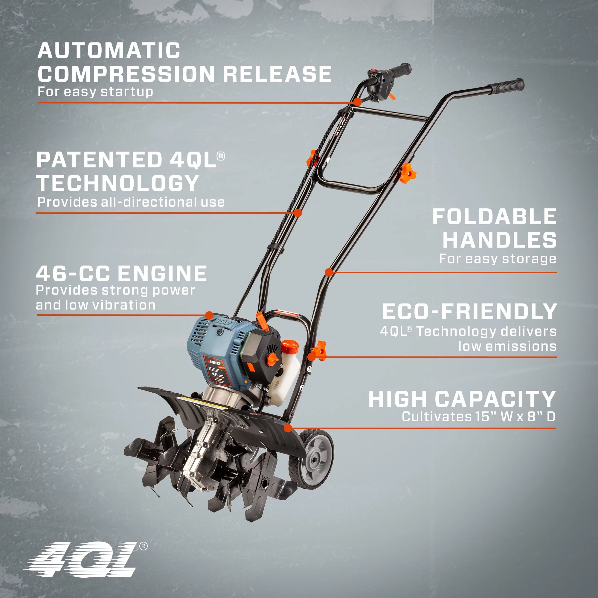 SENIX 46 cc 4-Cycle Gas Powered Tiller Cultivator, 15-Inch Tilling Width, 8-Inch Tilling Depth, TL4QL-L1