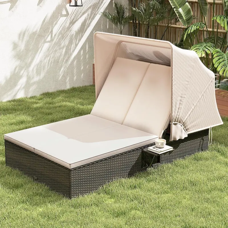 RELAX4LIFE Retractable Canopy Outdoor Daybed – Wicker Double Chaise with 6-Position Adjustable Backrest