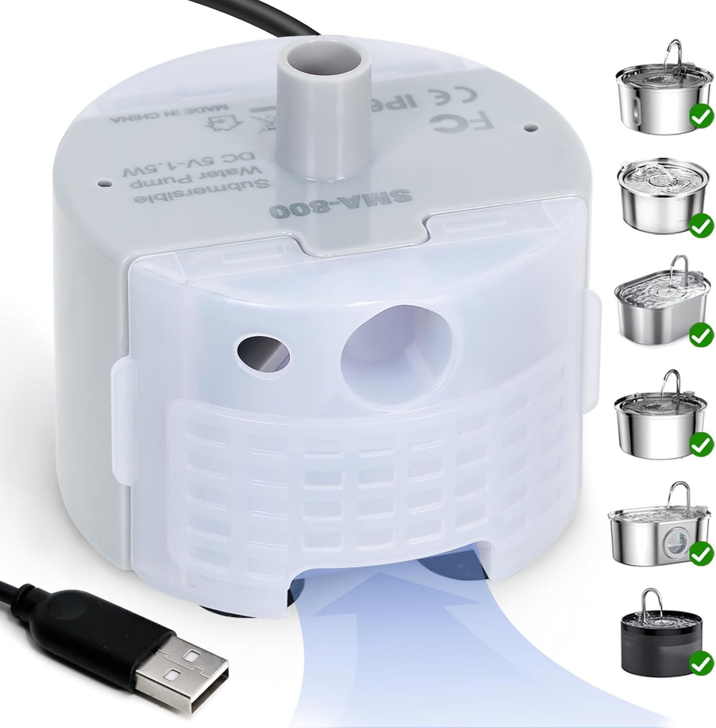 Ultra-Quiet Replacement Pump for Stainless Steel Cat Water Fountains - SMA-800 Motor - Safe and Easy to Clean with Low Voltage DC 5V and USB Cable (Pump) (Side Pump)