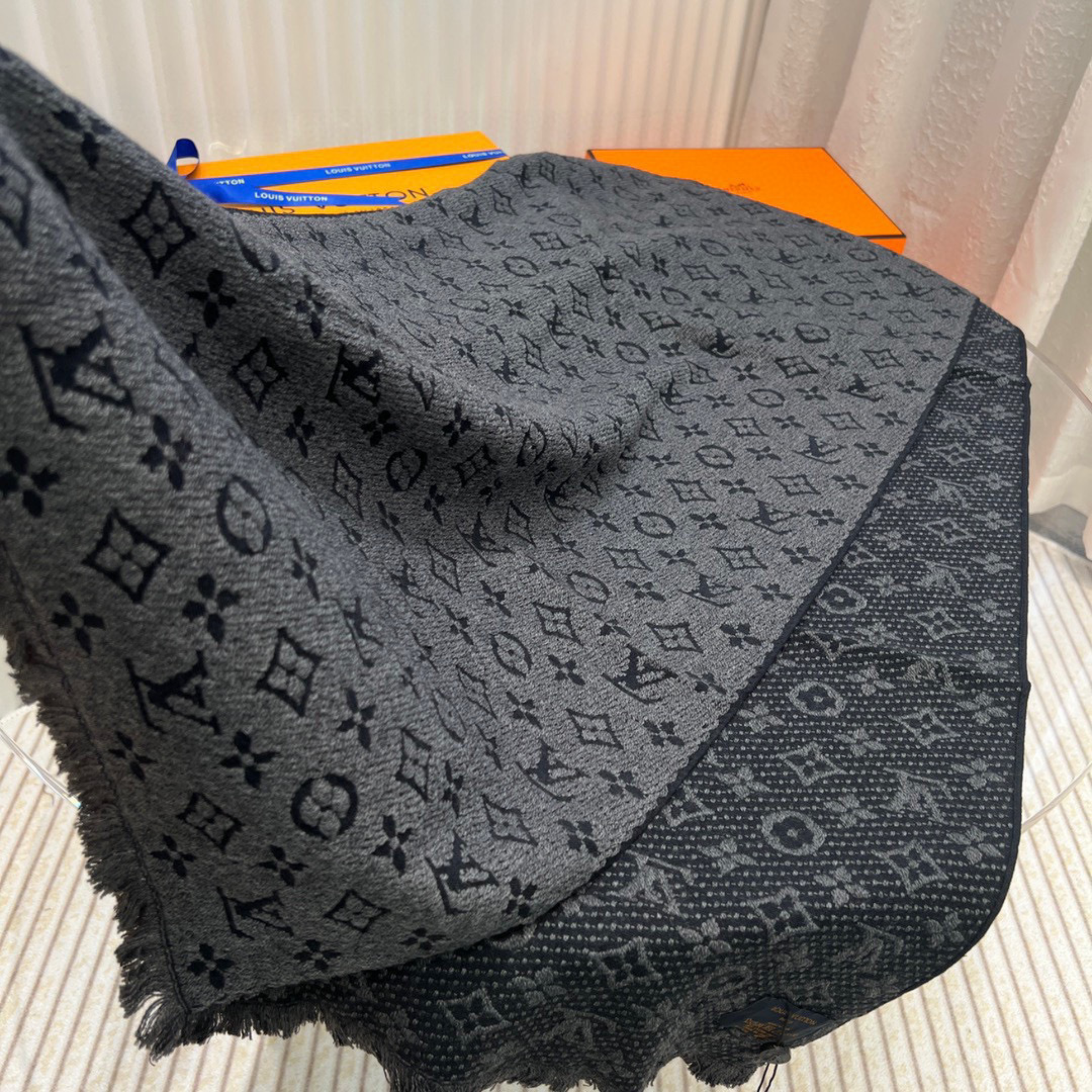 Louis Vuitton Monogram Jacquard Scarf Grey For Women 180cm