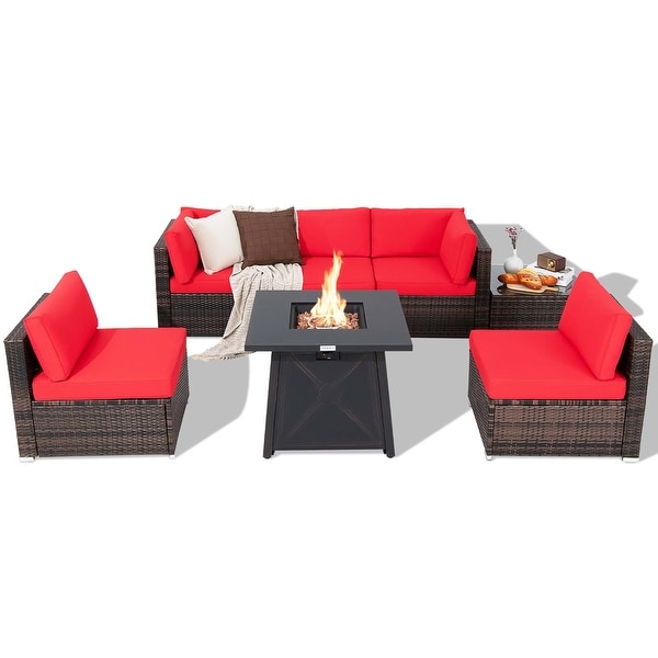 7PCS Patio Conversation Set Furniture Set w /50,000 BTU Fire Pit Table