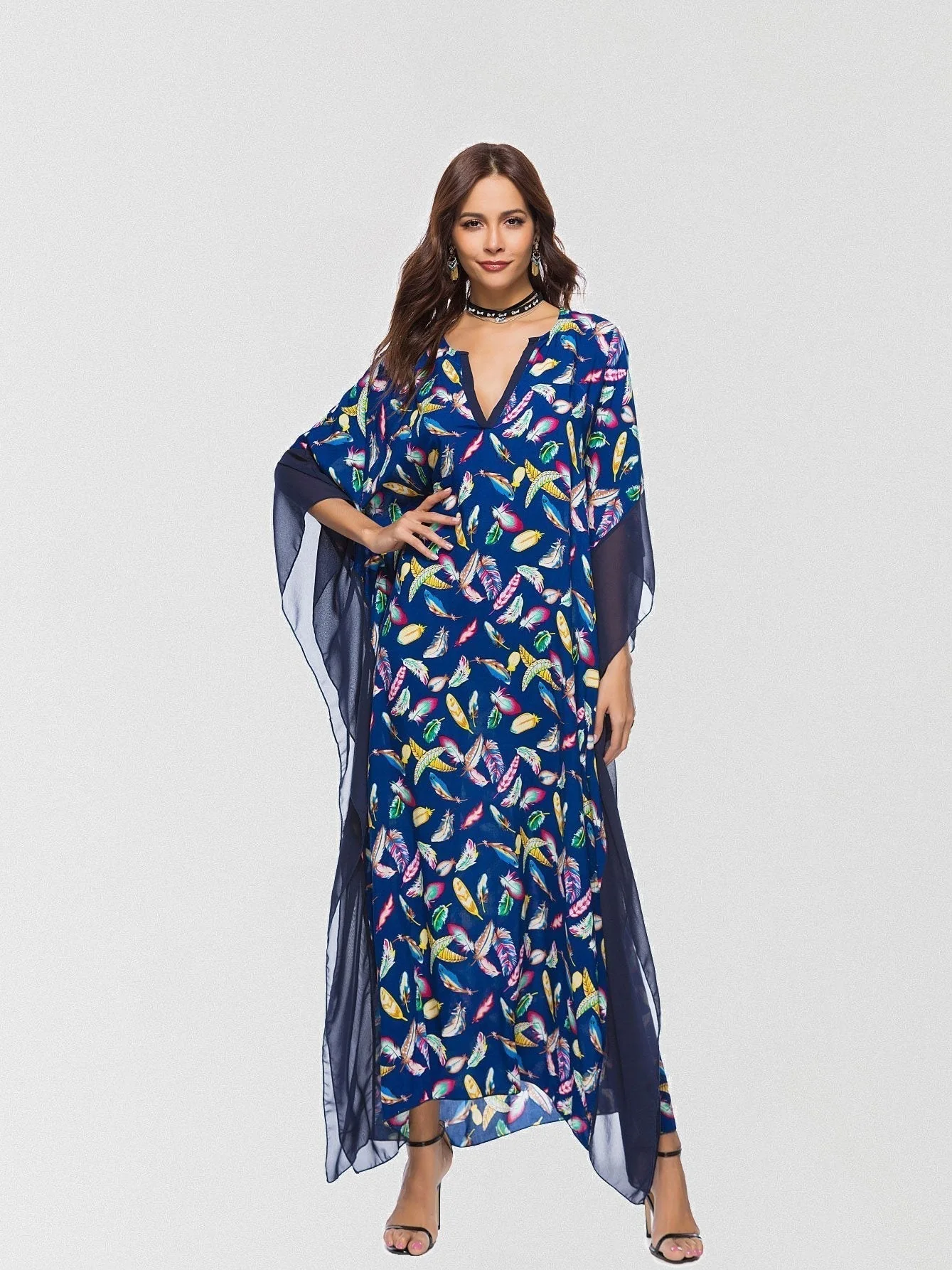Exotic Feather Print Maxi Kaftan DressClistos
