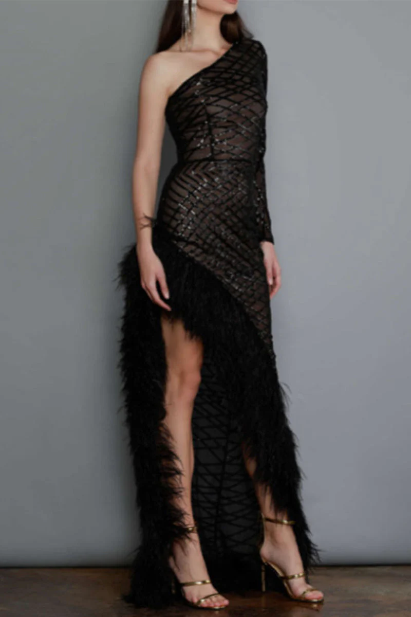 One-Shoulder Feather Irregular Hem Maxi DressClistos