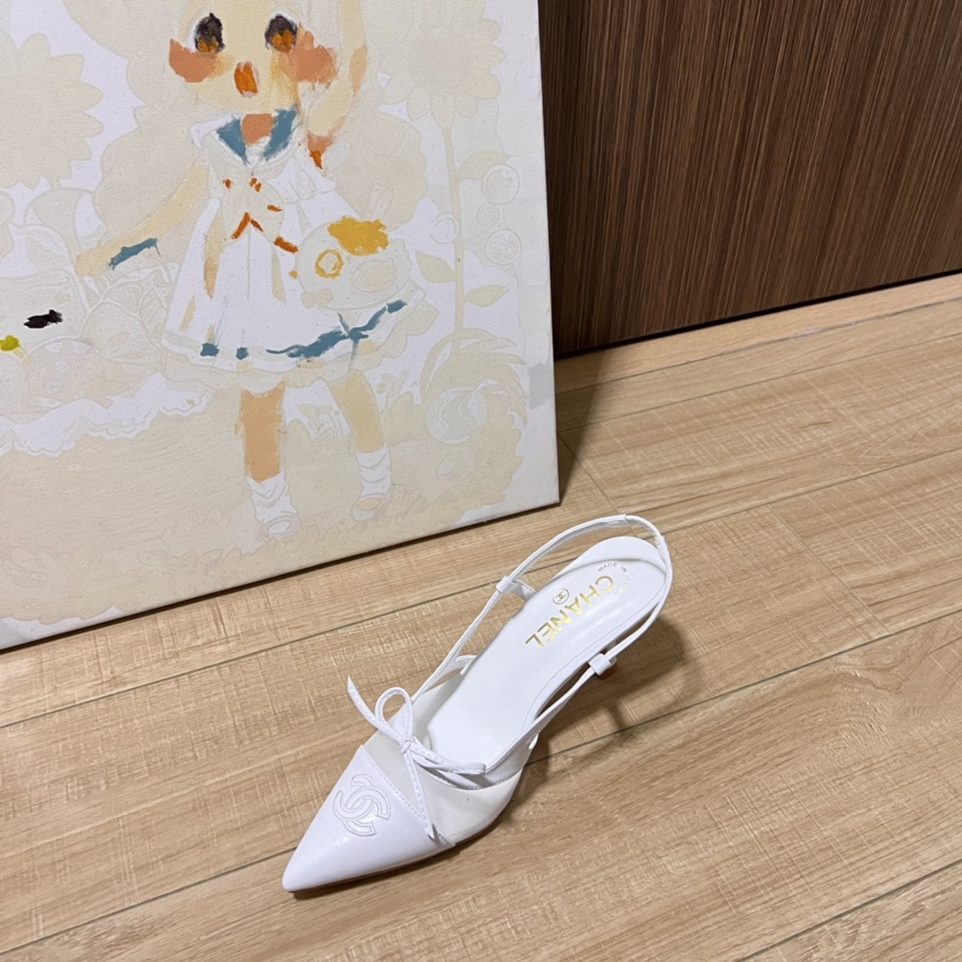 Chanel Cc Leather Pointy Toe Pumps Slingbacks Sandals White