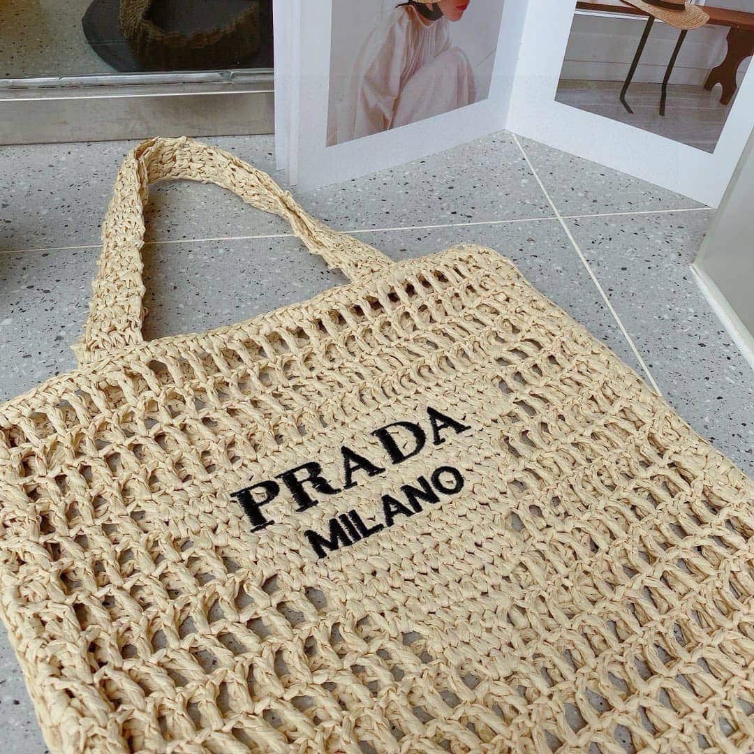 Prada Natural Crochet Logo Tote Bag Beach Bag 38 cm