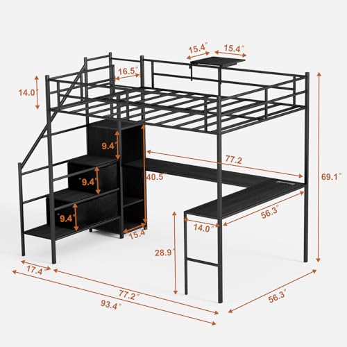 Full Size Loft Bed with L-Shaped Desk, LED Lights and Charging Station, Full Size Loft Bed with Stairs, Wardrobe and 2 Storage Drawers(Black Full)
