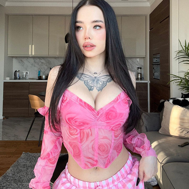 Floral Corset Crop Top Halter Neck Ruched SheerClistos