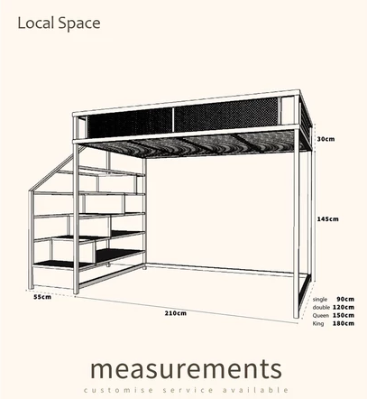 Loft Bed Large Space Iron Super Strong Upper Bunk Bed Frame Wood Stair Metal Frame Space Saving
