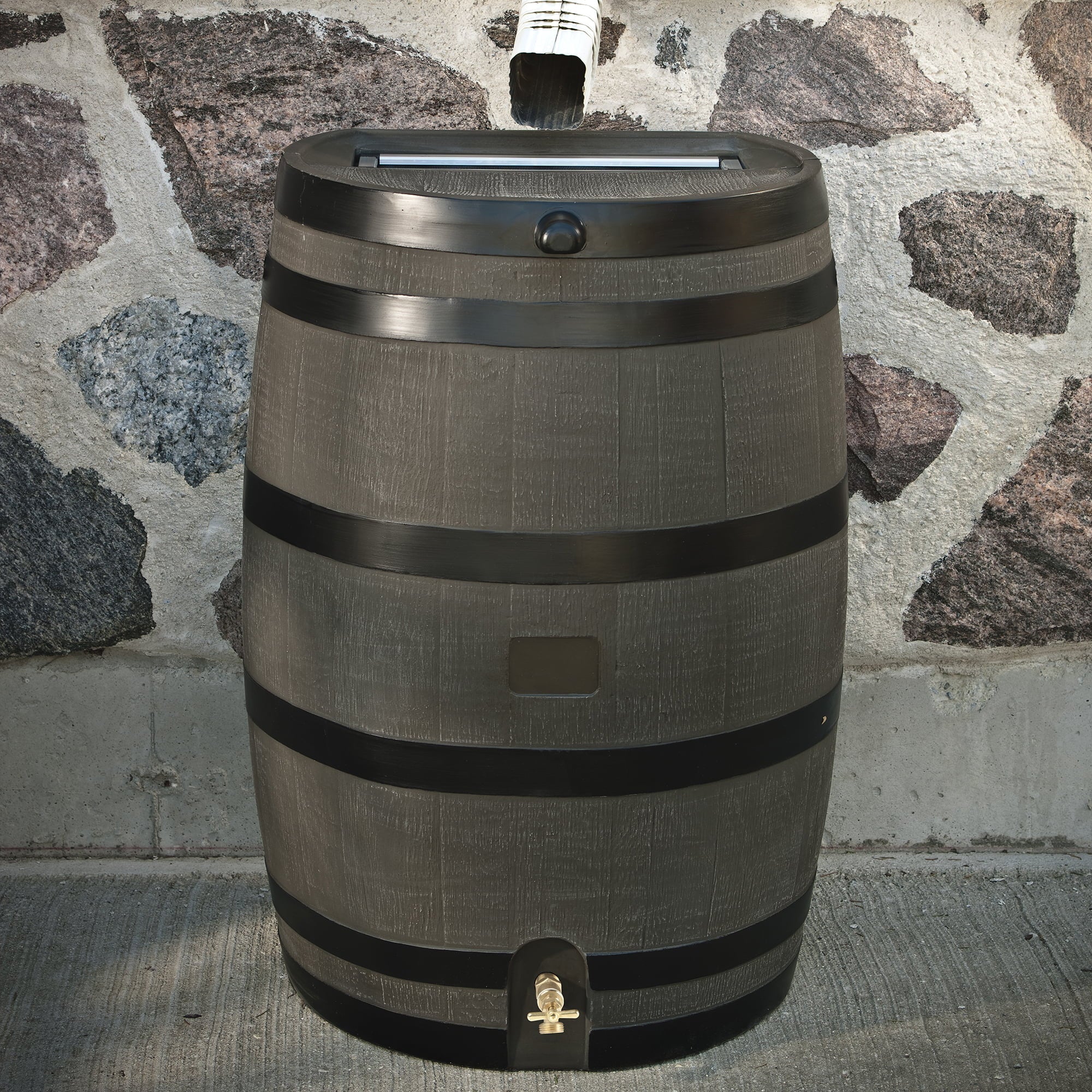 RTS Home Accents Polyethylene 50 Gallon Flat Back Brass Spigot Rain Barrel, Woodgrain with Black Stripes Color